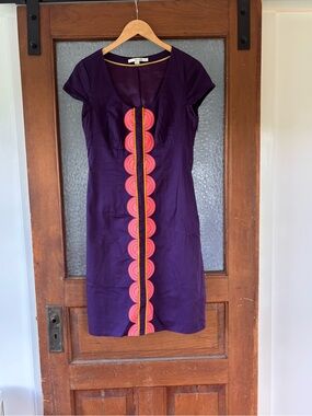 Boden Purple Cap-Sleeve Dress with Pink Scallop Trim
